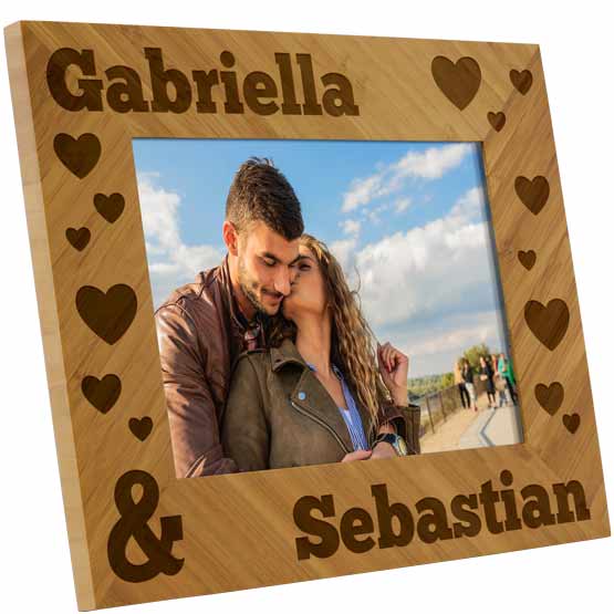 Custom Bamboo Picture Frame With Photo Of Couple Kissing At Beach And Laser Engraved With Names And Hearts