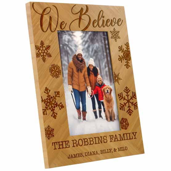 Custom Bamboo Picture Frame With Family Photo In Snow And Engraved With Names And Snowflake Art And We Believe Text