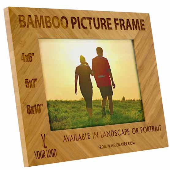 Custom Bamboo Picture Frame Showing Customization Options And Areas Via Laser Engravings With Photo Of Couple In Field