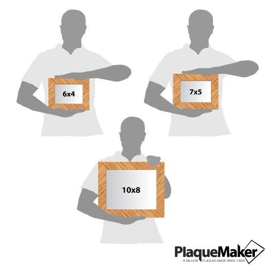 Size Guide With Blank Figures Holding Three Different Sizes Of Custom Bamboo Picture Frames Against A White Background