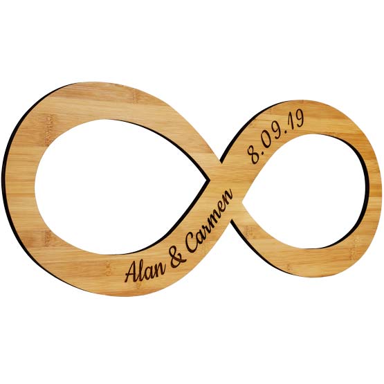 Custom Bamboo Sign With Infinity Symbol Shape And Laser Engraved With Couple Names And Date Against A White Background