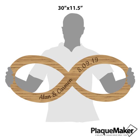 Size Guide With Blank Figure Holding Custom Bamboo Sign With Infinity Symbol Shape And Laser Engraved With Names And Date