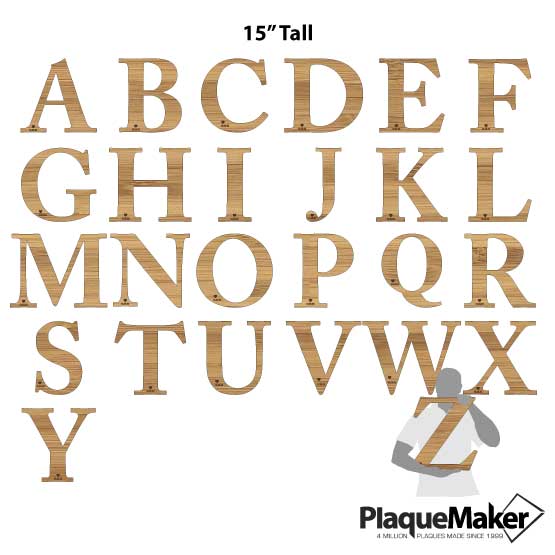 Size Guide Of Custom Bamboo Signs Shaped Like Each English Alphabet Letter And Blank Figure Holding The Z Sign