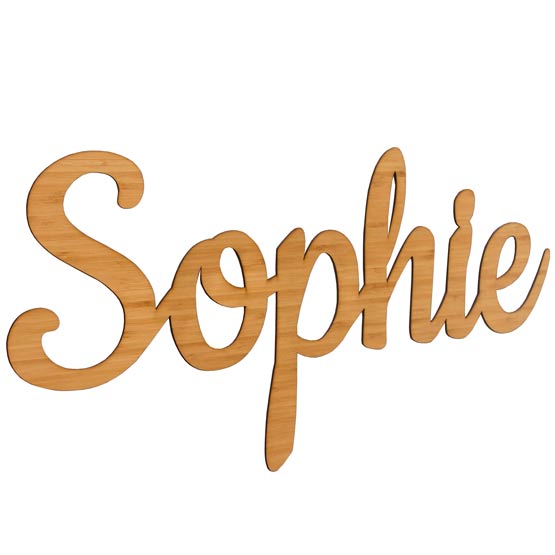 Custom Cutout Bamboo Sign With Sophie Name Shape In Cursive And Set Against A White Background