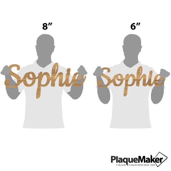 Size Guide With Blank Figures Holding Custom Cutout Bamboo Sign With Sophie Name Shape In Cursive Against White Background