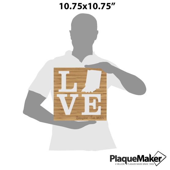 Size Guide With Blank Figure Holding Custom Bamboo Sign With Unique State Shape Inside Love Cutout And Engraved With Name