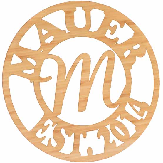 Custom Circle Shaped Bamboo Sign With Cutouts Of Family Name And Monogram And Date Set Against A White Background