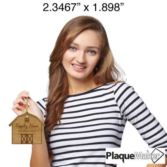 Size Guide With Happy Woman Holding Custom Barn Shaped Bamboo Ornament Laser Engraved With Family Names Via Gold String