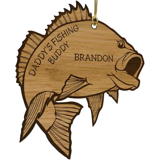 Detailed Custom Fish Shaped Bamboo Ornament With Gold String And Laser Engraved With Name And Dad Fishing Buddy Text