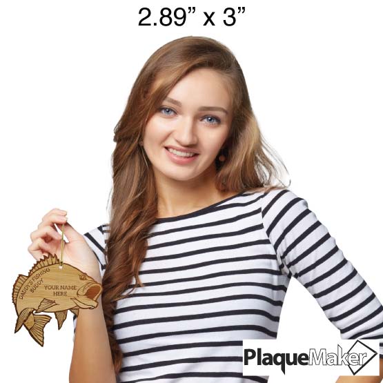 Size Guide With Happy Woman Holding Custom Fish Shaped Bamboo Ornament Engraved With Dad Fishing Buddy Text Via Gold String