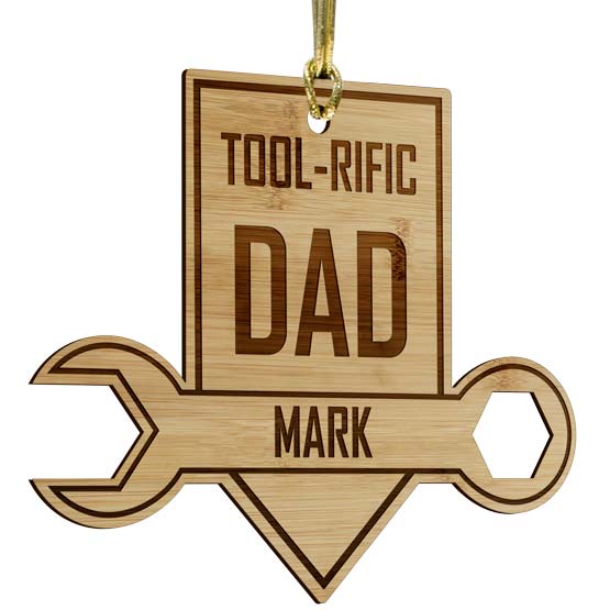 Custom Wrench On Sign Shaped Bamboo Ornament With Gold String And Laser Engraved With Name And Tool-Riffic Dad Text