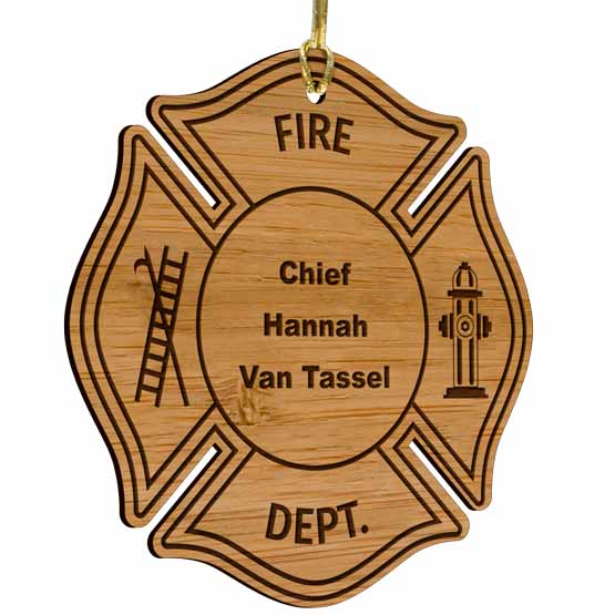 Custom Maltese Cross Shaped Bamboo Ornament With Gold String And Laser Engraved With Name And Fire Department Text And Art