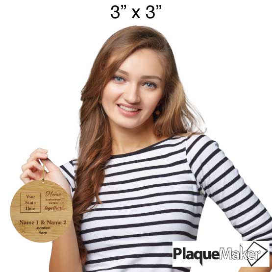 Size Guide With Happy Woman Holding Custom Circle Bamboo Ornament Showing Customizable Areas Via Gold String