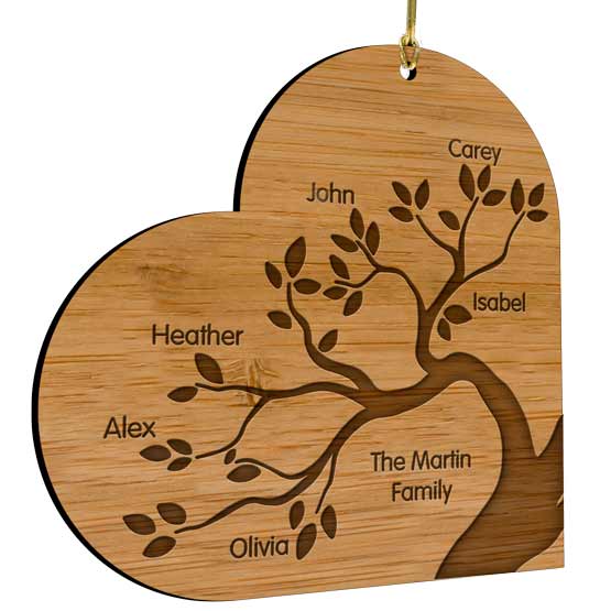 Custom Heart Shaped Bamboo Ornament With Gold String And Laser Engraved With Family Tree Artwork And Family Names