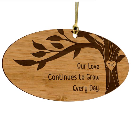 Custom Oval Bamboo Ornament With Gold String And Laser Engraved With Tree Artwork And Couple Initials And Romantic Message
