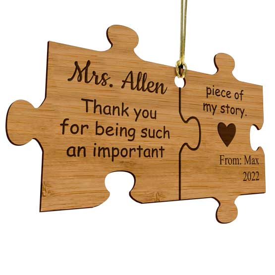 Custom Puzzle Piece Bamboo Ornament With Gold String And Laser Engraved With Teacher Appreciation Message And Name