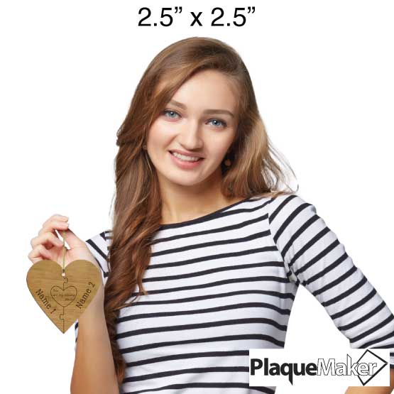 Size Guide With Happy Woman Holding Custom Heart Bamboo Ornament With Puzzle Piece Artwork And Showing Customizable Areas