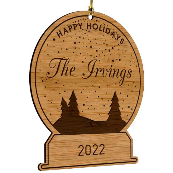 Custom Bamboo Ornament With Snow Globe Shape And Art And Happy Holidays Message With Family Name Hanging Via Gold String