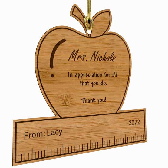 Custom Apple And Ruler Bamboo Ornament With Gold String And Laser Engraved With Teacher Appreciation Message