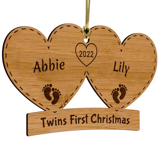Custom Pair Of Hearts Bamboo Ornament With Gold String And Laser Engraved With Names And Twins First Christmas Text