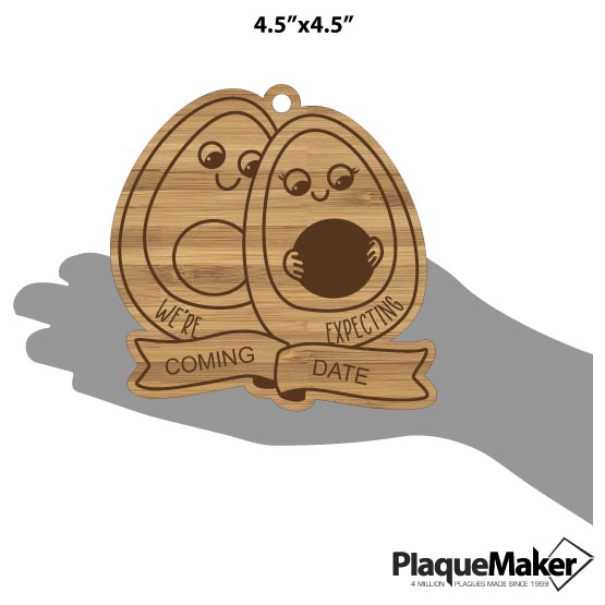Size Guide With Blank Hand Holding Bamboo Ornament Laser Engraved With Avocado Parents And Baby Art And We’re Expecting Text