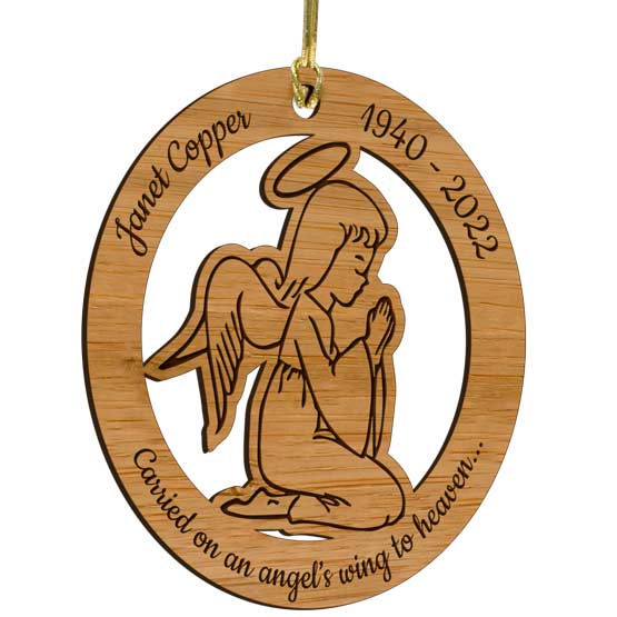 Custom Circle Bamboo Ornament With Angel Cutout And Art And Memorial Message With Name And Dates Hanging Via Gold String