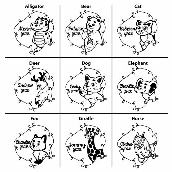 Samples Of Custom Circle Bamboo Ornament With Different Cute Animal Artwork Options From Alligator To Horse