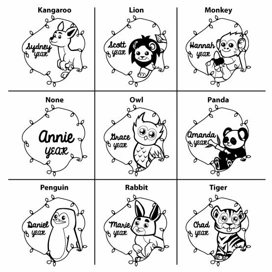 Samples Of Custom Circle Bamboo Ornament With Different Cute Animal Artwork Options From Kangaroo To Tiger