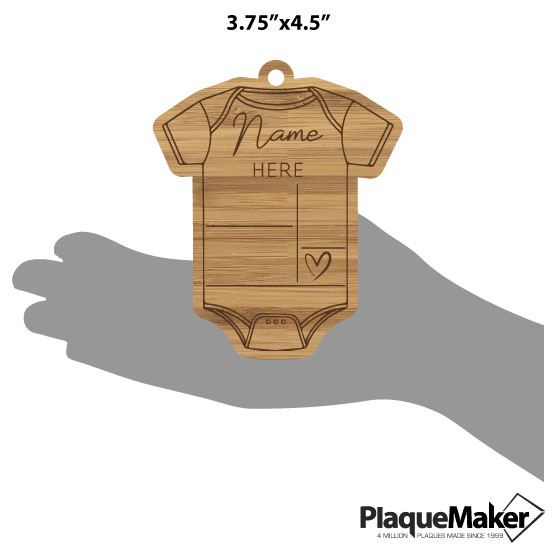 Size Guide With Blank Hand Holding Custom Onesie Shaped Bamboo Ornament Showing Customizable Areas For Baby Details