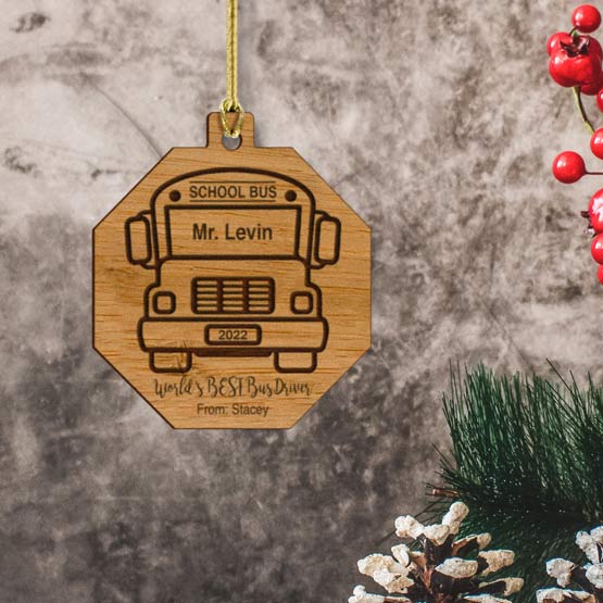 Custom Octagon Shaped Bamboo Ornament With School Bus Art And Bus Driver Appreciation Text Hanging On Christmas Tree