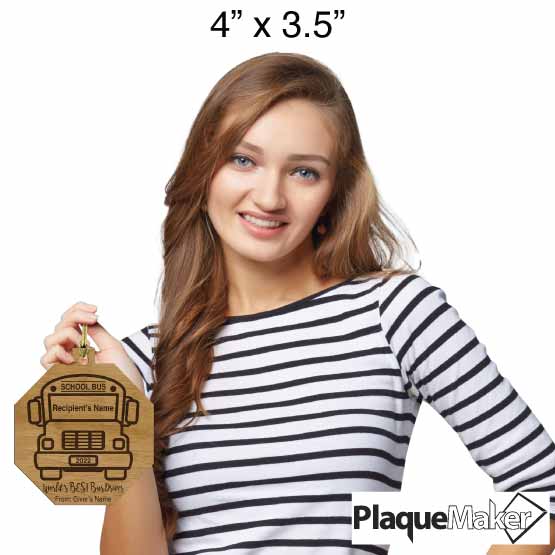 Size Guide With Happy Woman Holding Custom Octagon Shaped Bamboo Ornament With School Bus Art And Best Bus Driver Text