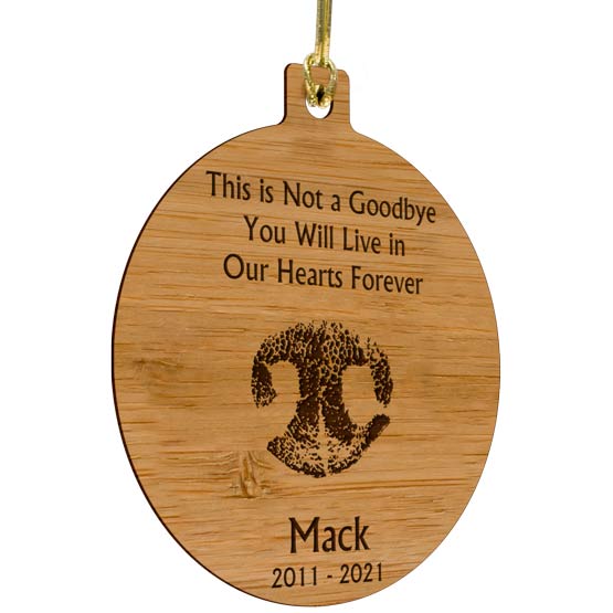 Custom Circle Bamboo Ornament With Gold String And Engraved With Dog Nose Artwork And Memorial Message And Name And Dates