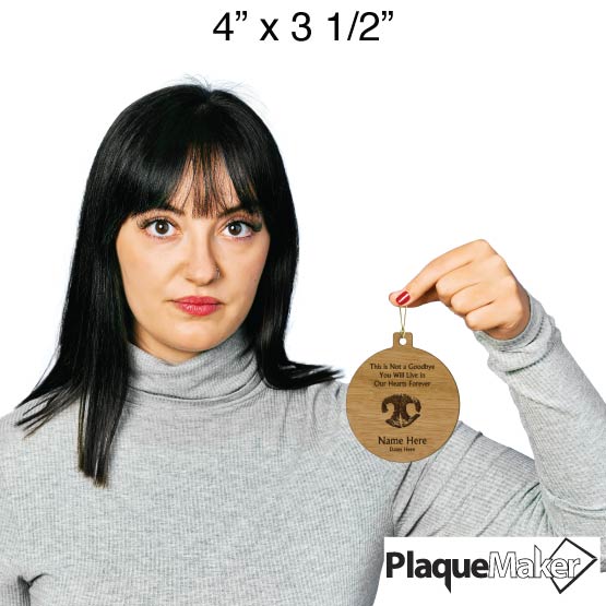 Size Guide With Woman Holding Custom Circle Bamboo Ornament With Dog Nose Artwork And Memorial Text And Customizable Areas