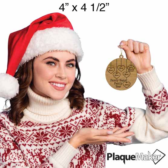 Size Guide Of Festive Woman Holding Circle Bamboo Ornament Engraved With Hearts And Paw Prints And Showing Customizable Areas