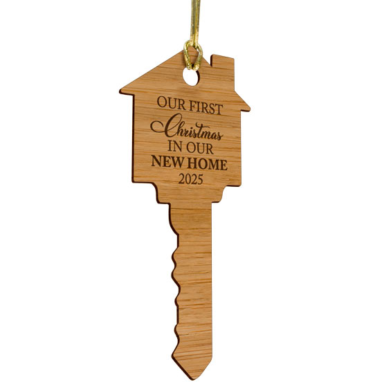 Custom House And Key Shaped Bamboo Ornament With Gold String And Engraved With Date And First Christmas In New Home Text