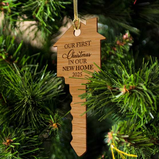 Custom House And Key Shaped Bamboo Ornament Engraved With First Christmas In New Home Hanging From Christmas Tree