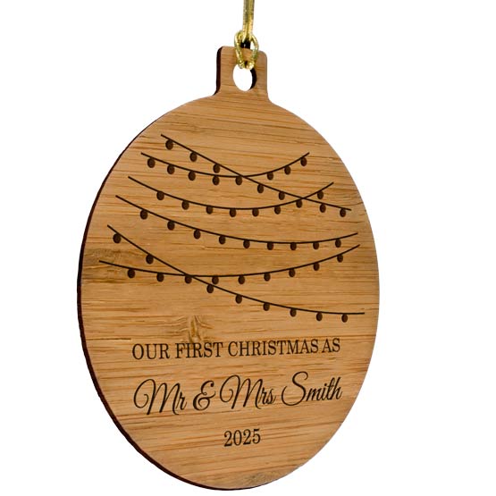 Custom Circle Shaped Bamboo Ornament With Gold String And Laser Engraved With Christmas Lights And Newlywed Christmas Text