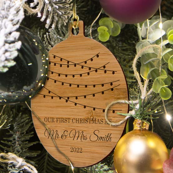 Custom Circle Shaped Bamboo Ornament Engraved With Christmas Lights And Newlywed Christmas Text Hanging Via Christmas Tree