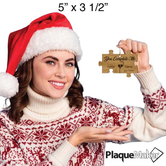 Size Guide Of Festive Woman Holding Puzzle Piece Bamboo Ornament Engraved With You Complete Me And Showing Customizable Area