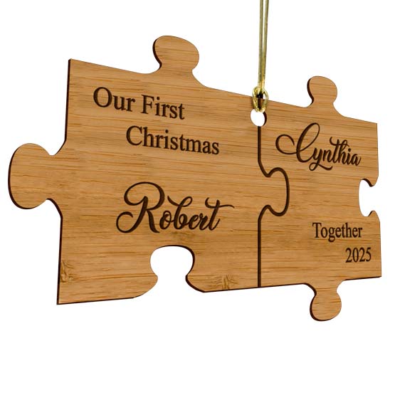 Custom Puzzle Piece Bamboo Ornament With Gold String And Laser Engraved With Names And First Christmas Together Message