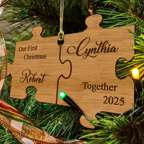 Custom Puzzle Piece Bamboo Ornament Laser Engraved With Names And First Christmas Together Message Hanging On Christmas Tree