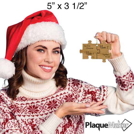 Size Guide With Festive Woman Holding Puzzle Piece Bamboo Ornament Engraved With Names And First Christmas Together Text