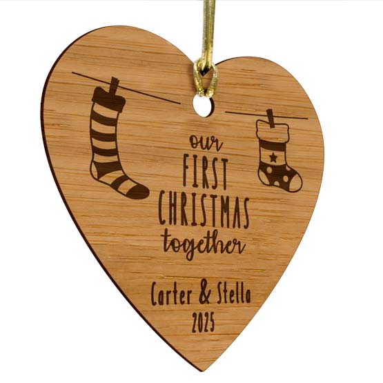 Custom Heart Shaped Bamboo Ornament Laser Engraved With Couple Names And First Christmas Text And Stocking Artwork And Date