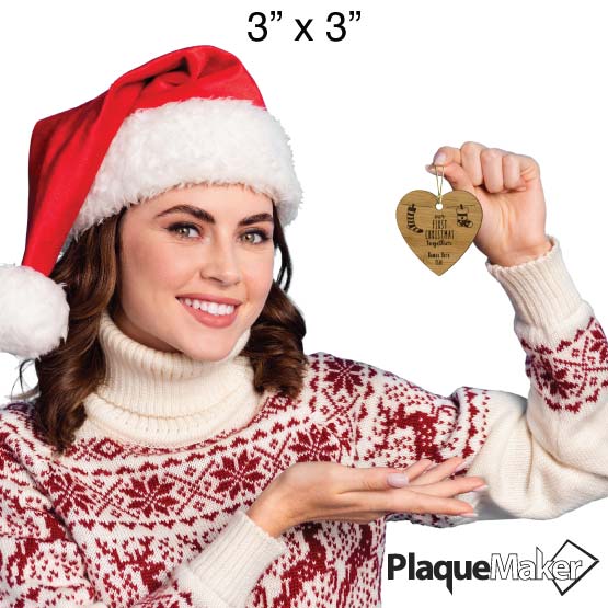 Size Guide Of Festive Woman Holding Heart Shaped Bamboo Ornament Engraved With Names And First Christmas Text And Stockings