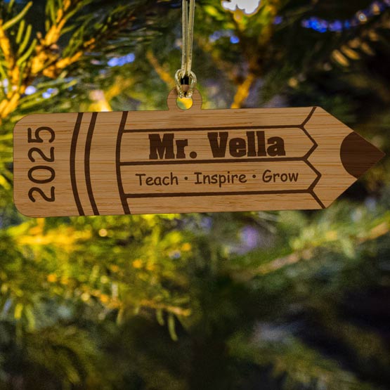Custom Pencil Shaped Bamboo Ornament Engraved With Name And Date And Teaching Terms Hanging On Christmas Tree Via Gold String