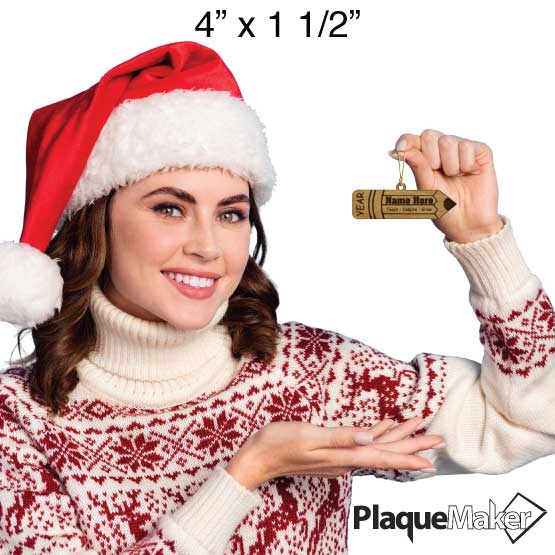 Size Guide With Festive Woman Holding Custom Pencil Shaped Bamboo Ornament Engraved With Teaching Terms And Customizable Area