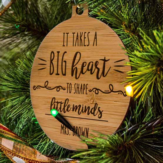 Custom Circle Bamboo Ornament Engraved With Name And Teacher Appreciation Message Hanging On Christmas Tree Via Gold String