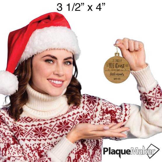 Size Guide With Festive Woman Holding Custom Circle Bamboo Ornament Engraved With Name And Teacher Appreciation Message