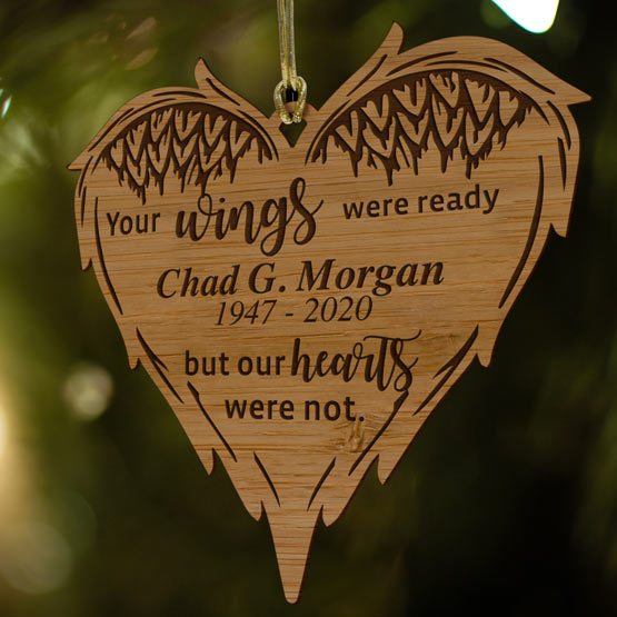 Custom Heart Shaped Bamboo Ornament Engraved With Angel Wing Art And Memorial Message Hanging On Christmas Tree Via String