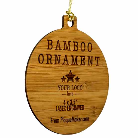 Custom Circle Shaped Bamboo Ornament With A Gold String And Laser Engraved To Show Customizable Areas